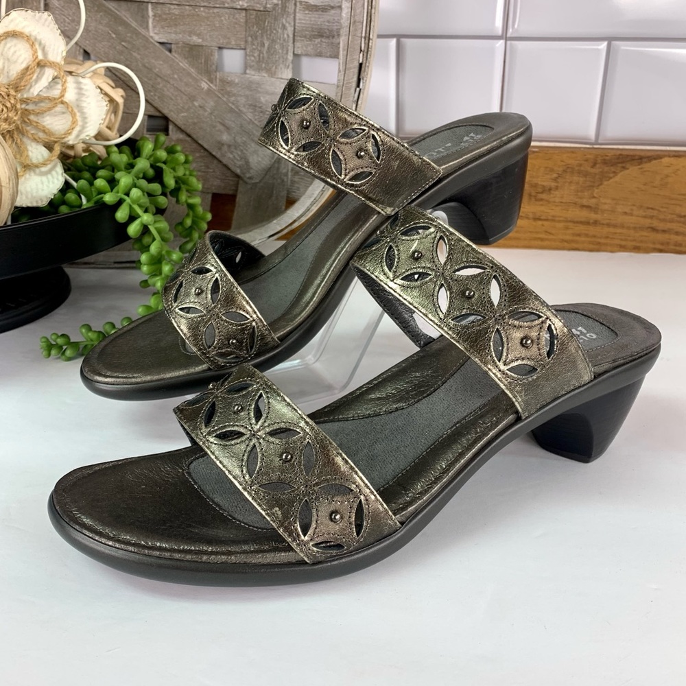 NWOB Naot Metallic Studded Cut Out Leather Slip On Heeled Dress Sandals